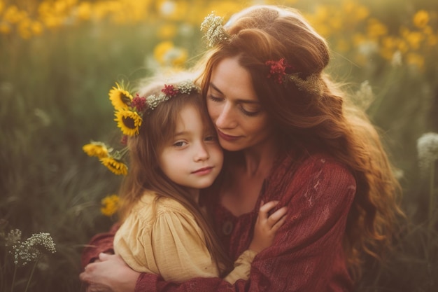 Madre e hija abrazándose en un campo de girasoles