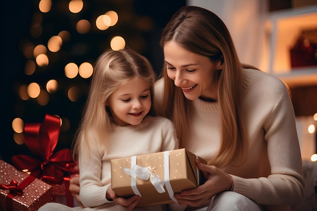 Madre e hija abren cajas con regalos de Año Nuevo cerca del árbol de Navidad 1