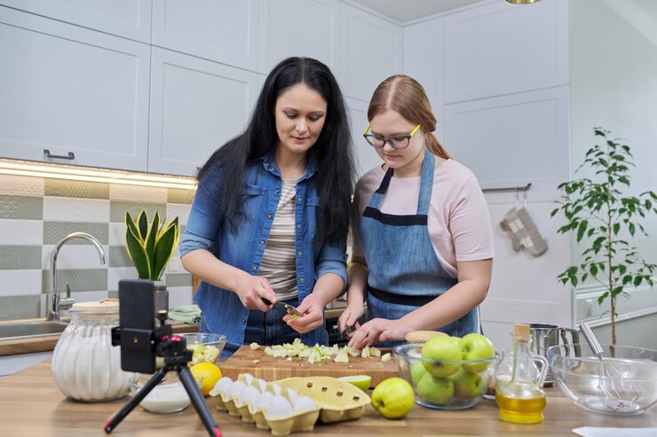 Foto madre e hija adolescente cocinando pastel de manzana juntos mirando la pantalla del teléfono inteligente