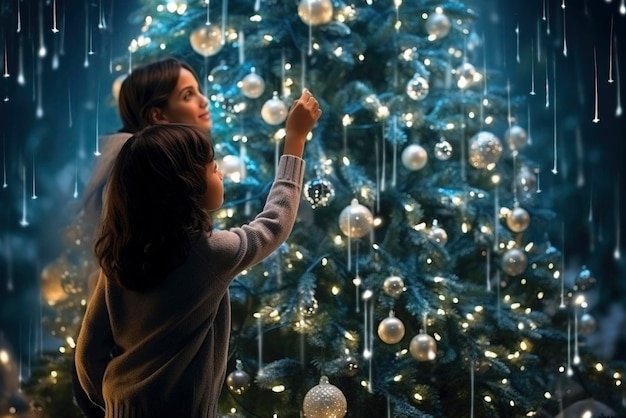 Madre e hija arreglando decoraciones en el árbol de Navidad con fondo borroso