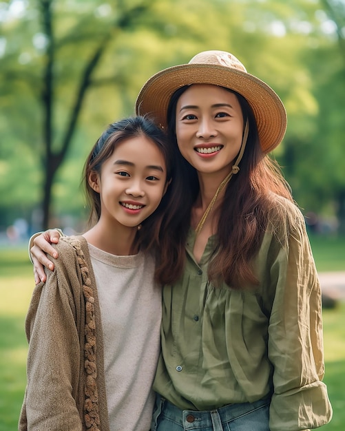 Madre e hija asiáticas sonrientes abrazando al aire libre familia asiática disfrutando del tiempo en el parque