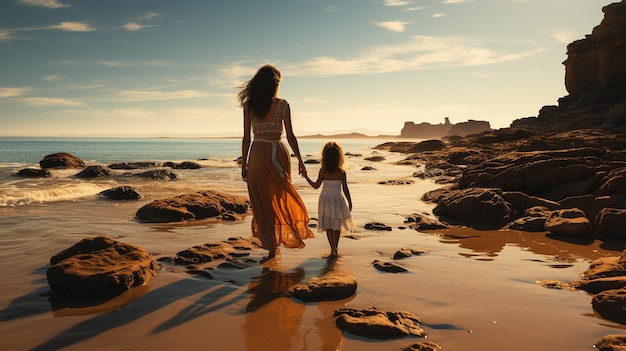 Madre e hija caminando por la playa al atardecer Concepto de familia amistosa