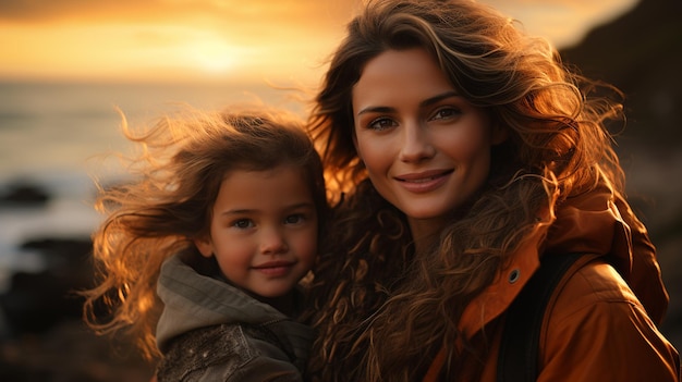 Madre e hija caminando por la playa al atardecer Concepto de familia amistosa