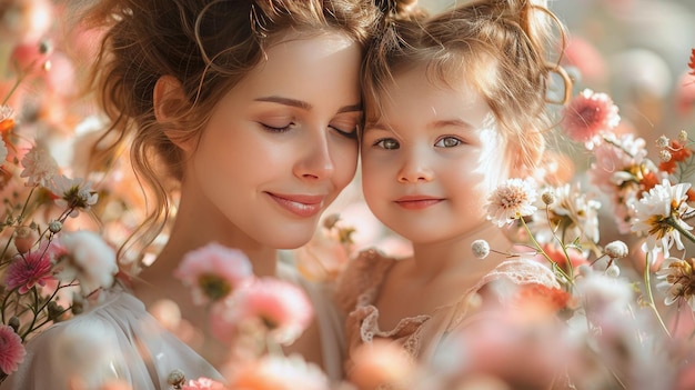 Madre e hija en un campo de flores