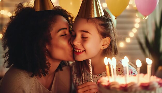 Madre e hija celebrando con pastel y velas