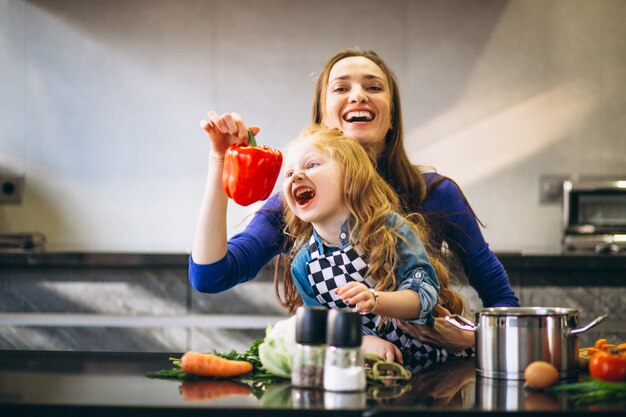 Madre e hija cocinando en casa