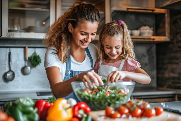 Foto madre e hija cocinando juntas en la cocina