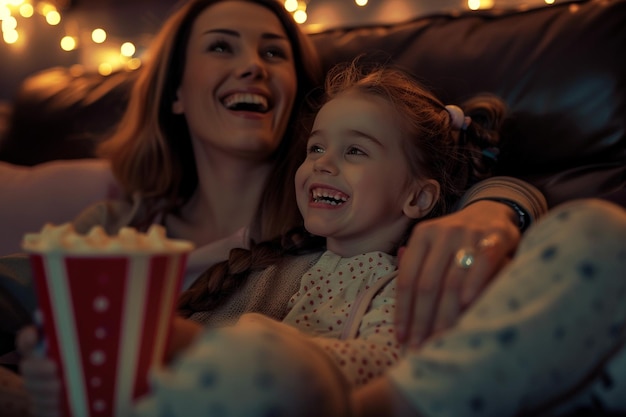 Madre e hija compartiendo una película llena de risas