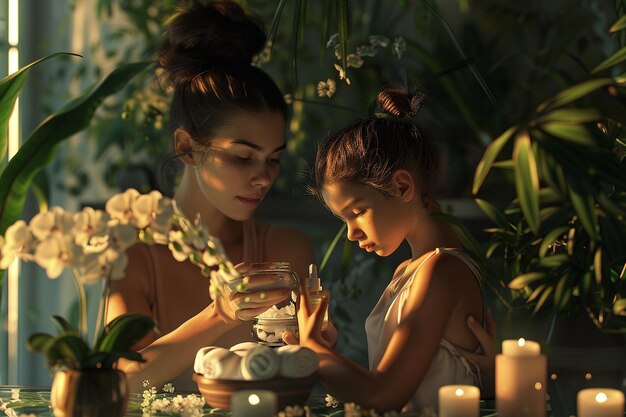 Madre e hija creando un spa de belleza casero