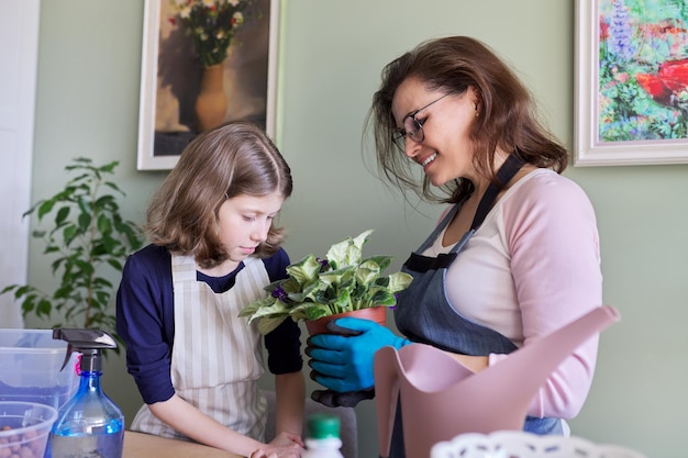 Madre e hija cuidando plantas en maceta juntas, jardín de casa. Pasatiempos y ocio, cuidado, familia, planta de interior, concepto de amigos en macetas caseras