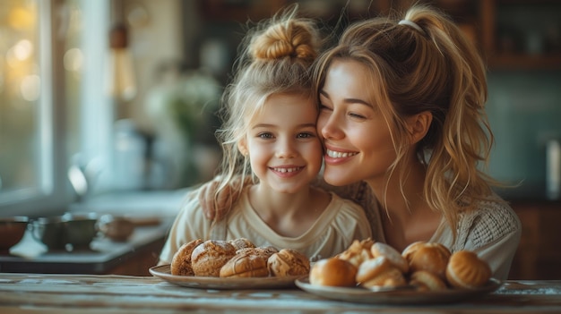 Madre e hija desayunan en la mesa de la cocina Mamá se besa las mejillas mientras comen