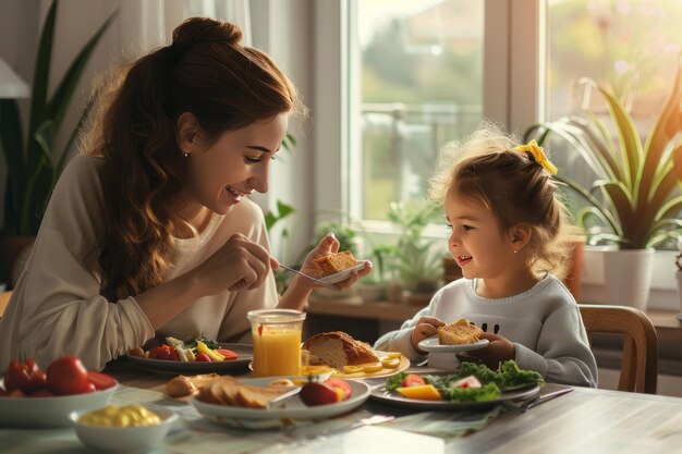 Foto madre e hija desayunando foto de stock