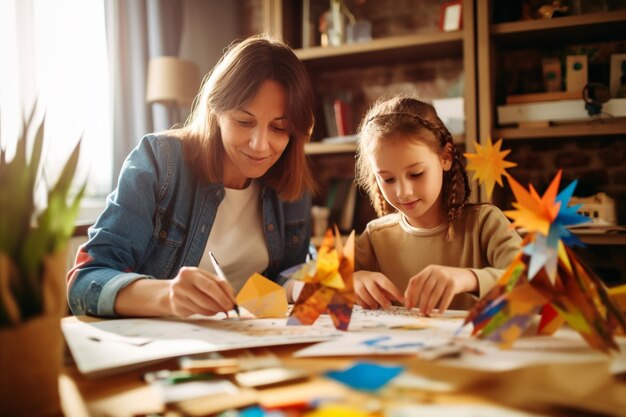 madre e hija dibujando con una tarjeta de la palabra arte en ella