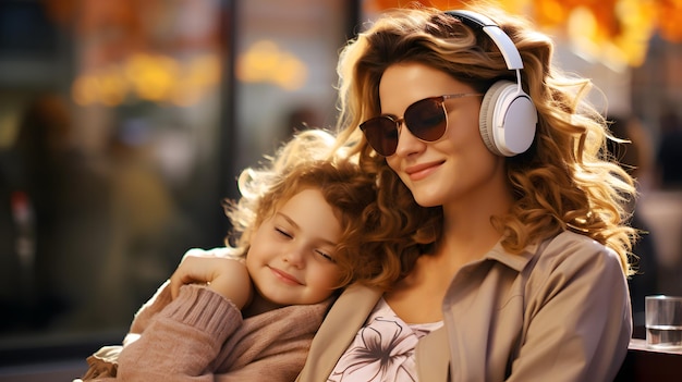 Madre e hija escuchan música con auriculares disfrutando de un momento juntas