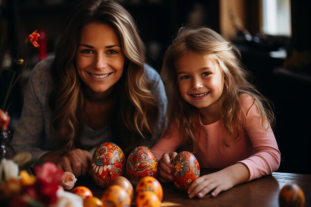 madre e hija están sentadas en la mesa cerca de huevos de Pascua decorados y mirando con alegría a la