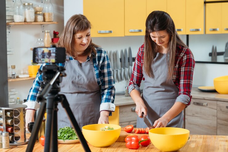 Foto madre e hija grabando un video en la cocina para su blog de cocina