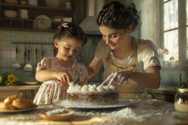 Madre e hija horneando un pastel juntos