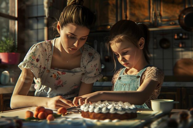 Foto madre e hija horneando un pastel