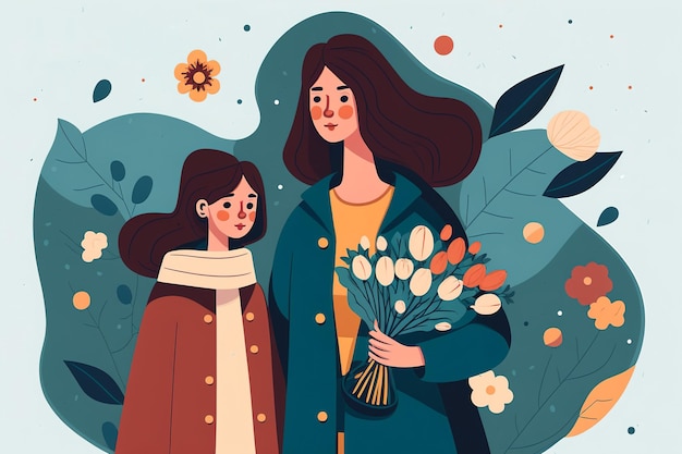 Madre e hija en una ilustración de fondo floral para el día de la madre Generativo ai