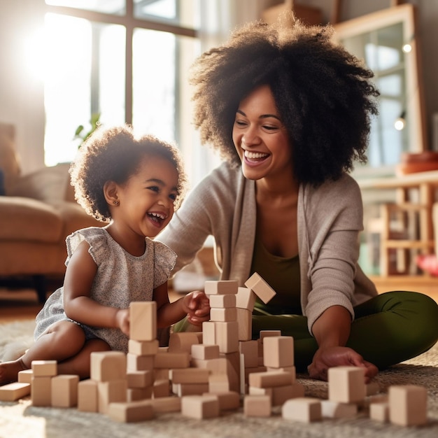 madre e hija jugando con bloques de madera