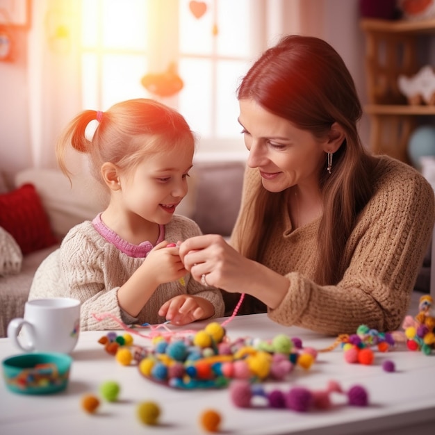 madre e hija jugando con coloridos huevos de pascua en una mesa