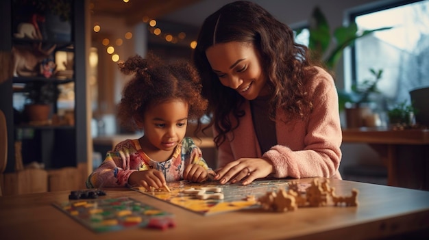 una madre e hija jugando un juego de mesa juntos con un rompecabezas que dice su