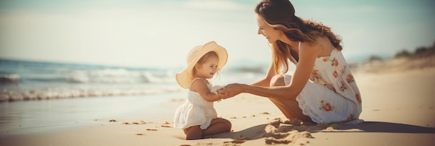 Madre e hija jugando en la playa