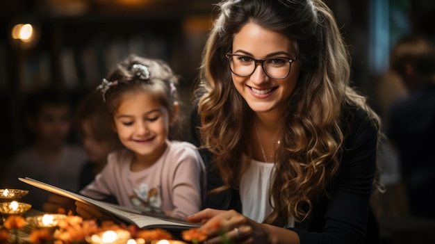 Madre e hija leyendo un libro en casa en el salón