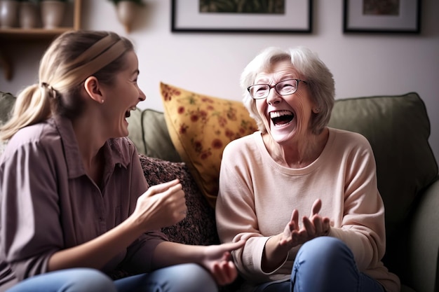 Madre e hija maduras y viejas se ríen en el sofá contando historias que genera Ai