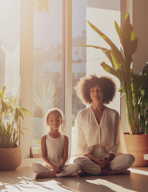 madre e hija meditando en una sala de estar soleada generada por la IA