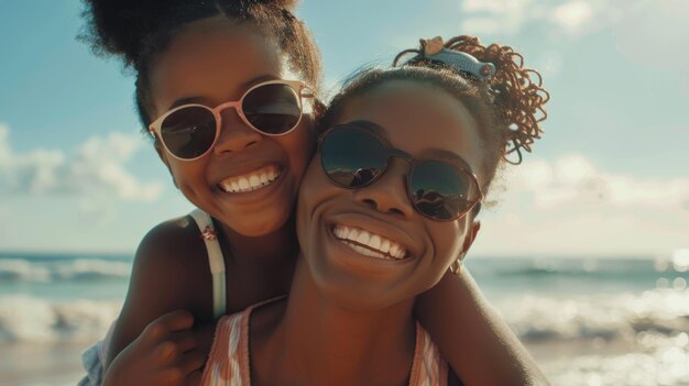 Madre e hija negras felices jugando en la playa con gafas de sol