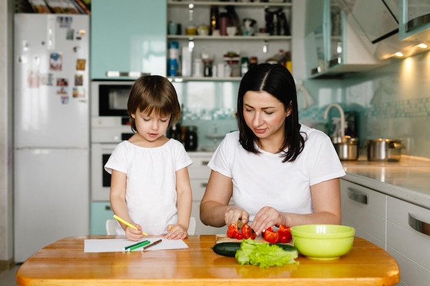 Madre e hija pasan tiempo cocinando y pintando juntos en casa