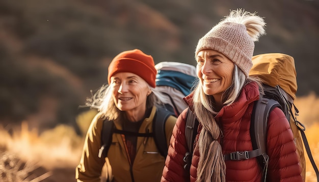 Madre e hija pensionista van de excursión juntas