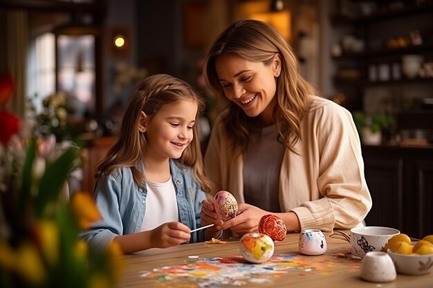 madre e hija pintan huevos juntos con pintura y un pincel para Pascua