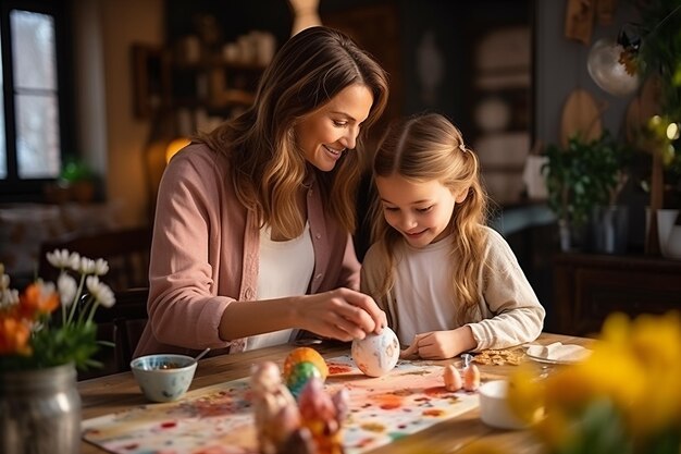 madre e hija pintan huevos juntos con pintura y un pincel para Pascua