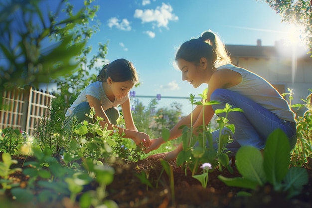 Madre e hija plantando un jardín de hierbas en un su
