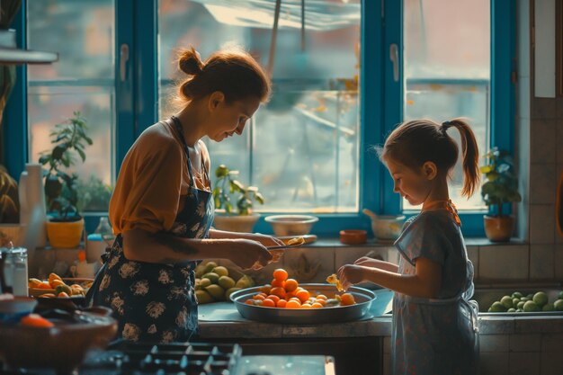 Madre e hija preparando comida juntos en la cocina