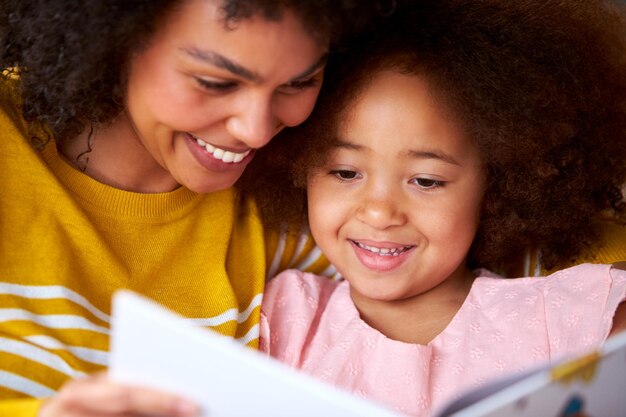 Madre e hija relajándose en el sofá en casa leyendo un libro juntos