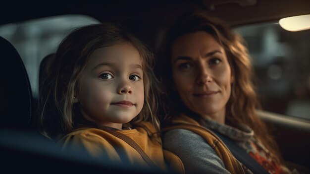 Foto madre e hija sentadas en el asiento trasero de un coche por la noche