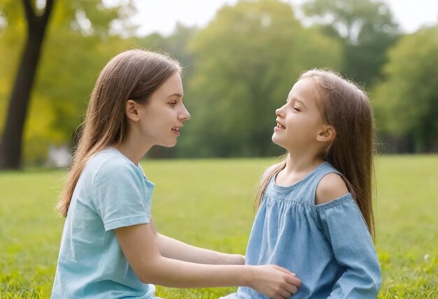 Foto madre e hija sentadas en la hierba ambas con vestidos azules