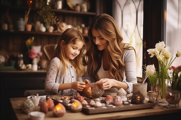 madre e hija son creativas juntas haciendo artesanías decorando huevos de Pascua o galletas