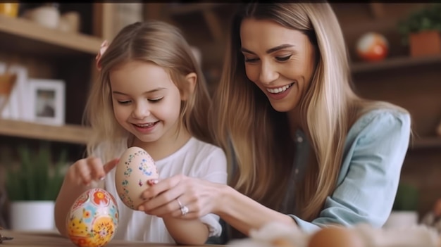 madre e hija sonríen con la pintura de huevo de Pascua