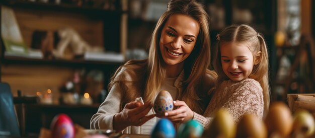 madre e hija sonríen con la pintura de huevo de Pascua