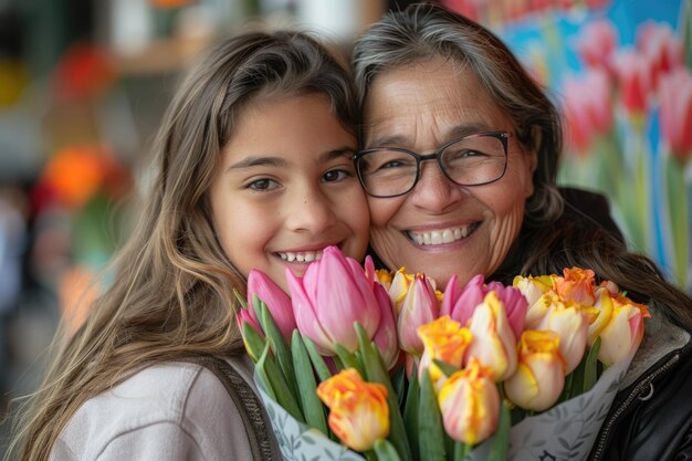 Madre e hija sonriendo y abrazándose Fiestas familiares y unión generadas