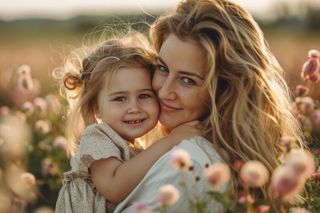 Madre e hija sonriendo y abrazándose vacaciones familiares y unión ai generado