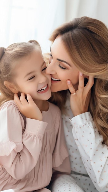 una madre e hija sonriendo y riendo juntos