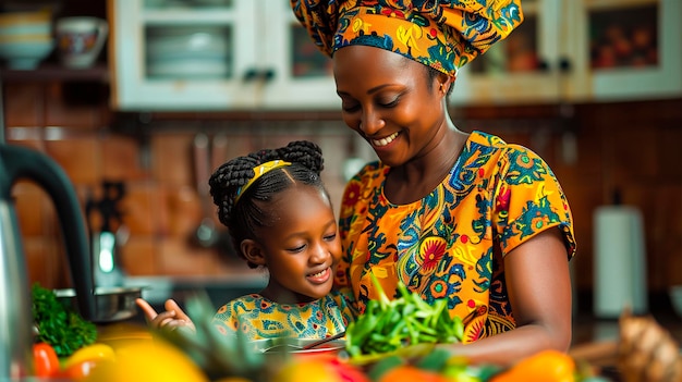 Foto madre e hija en trajes tradicionales vibrantes preparando una comida