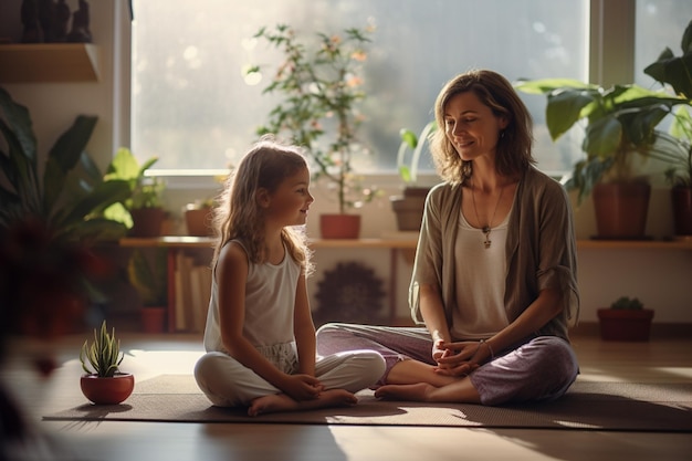 Madre e hija de yoga en casa