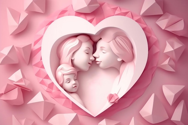 Foto madre e hijas abrazándose en un corazón de arte de papel sobre un fondo rosa ia generativa