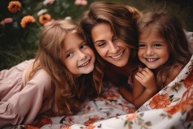 una madre e hijas acostadas en una manta frente a un arbusto con flores